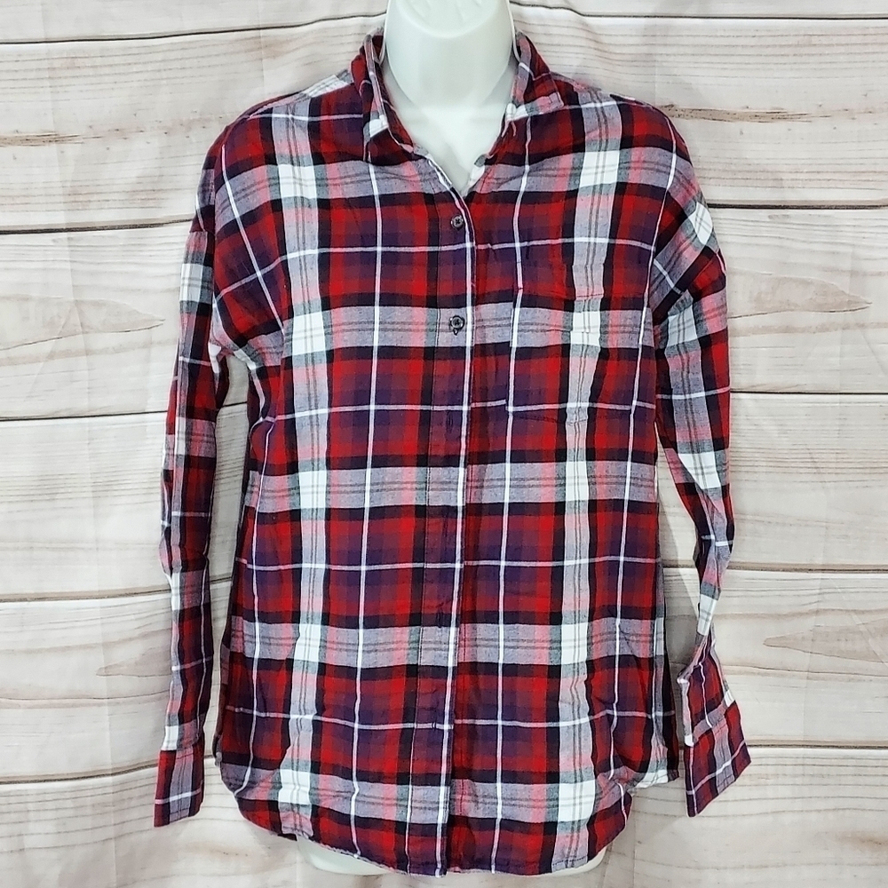 Old Navy flannel shirt button up bf fit long sleeve purple red black white tan S